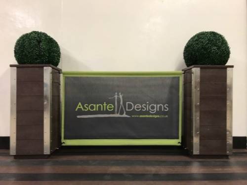 Artificial Wood Planters With Cafe Banner Screen & Boxwood Ball Plant 